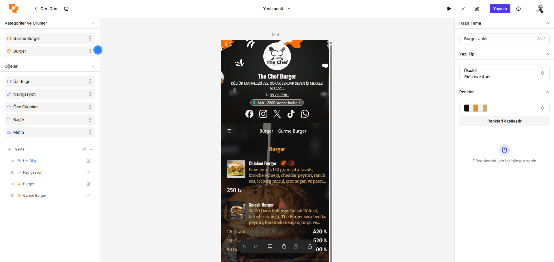 Web menü editörü görüntüsü