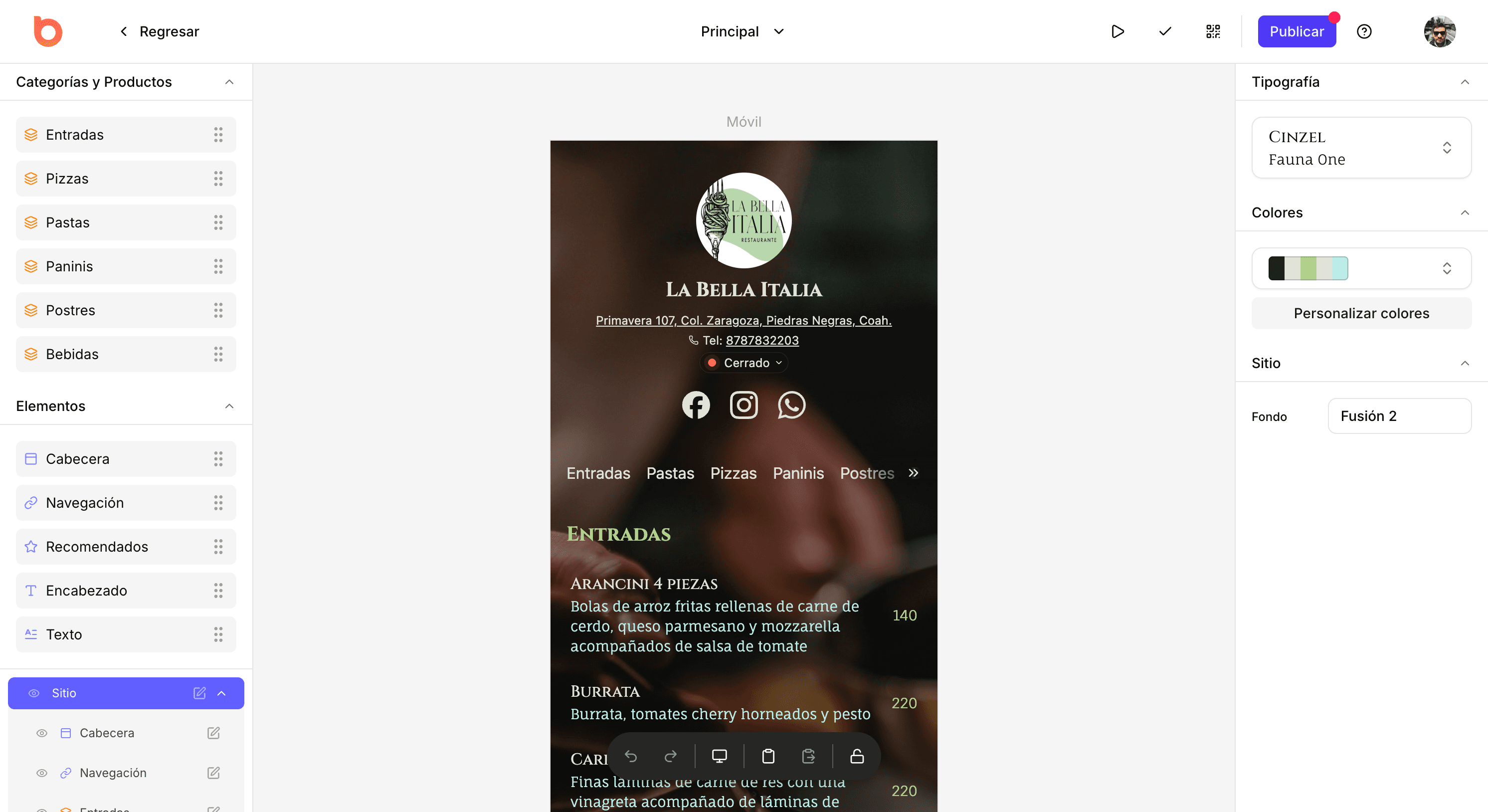 Web menü editörü görüntüsü